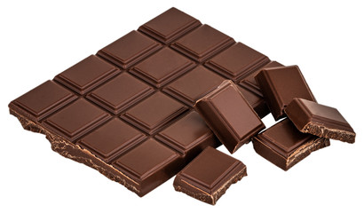Milk chocolate pieces isolated on white background.  With clipping path