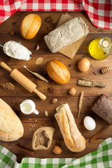 bread and bakery ingredients on wood