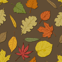 Vector Seamless Autumn Pattern with Leaves on Brown Background