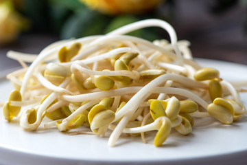 Raw soya sprouts on a white plate close-up.