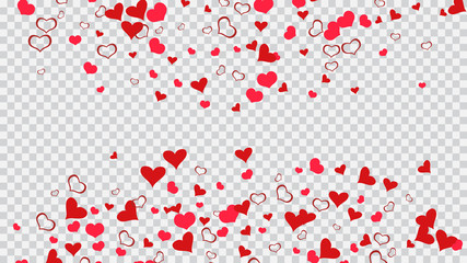The idea of wallpaper design, textiles, packaging, printing, holiday invitation for Valentine's Day. Red on Transparent fond Vector. Light background. Red hearts of confetti are falling.