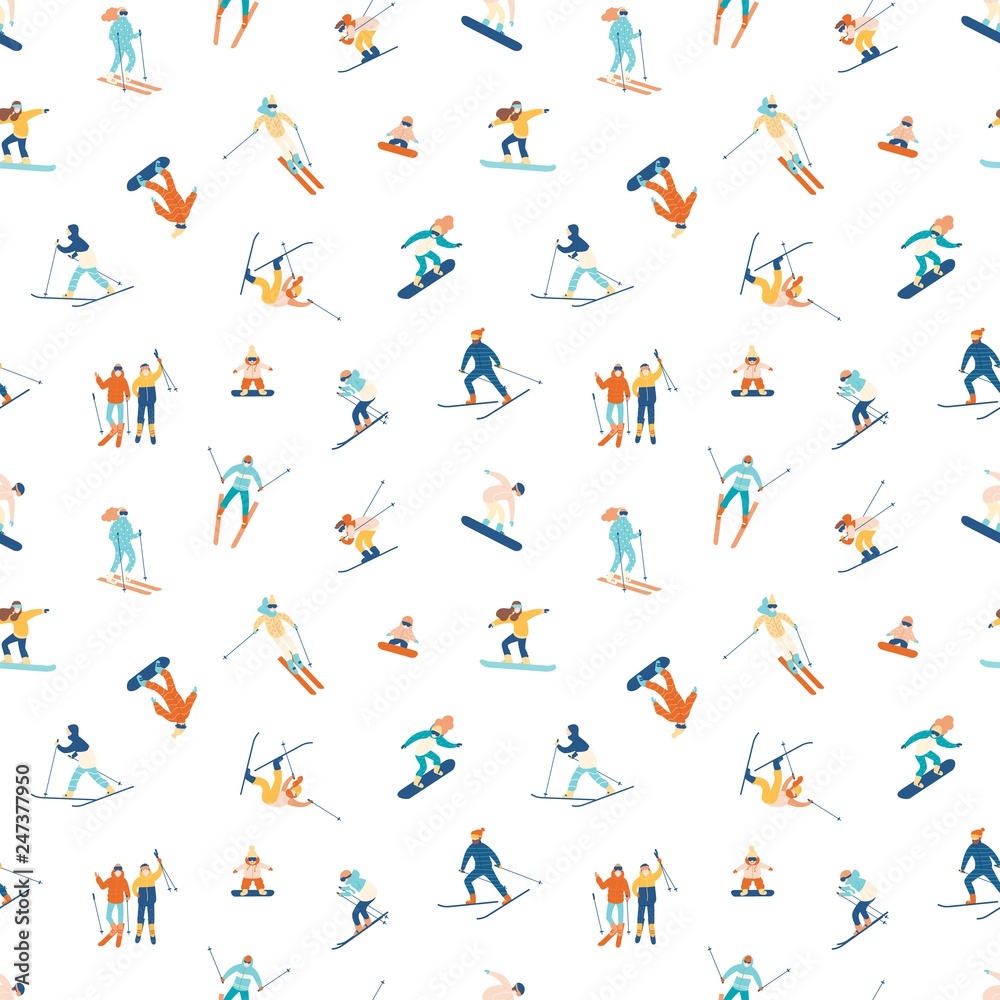 Poster seamless pattern with adults and children in winter snow suits snowboarding and skiing. backdrop wit