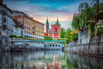 Bridge and Ljubljanica river in the city center. Ljubljana, capital of Slovenia.