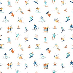 Seamless pattern with adults and children in winter snow suits snowboarding and skiing. Backdrop with male and female cartoon ski and snowboard riders. Flat cartoon vector illustration for wallpaper. - obrazy, fototapety, plakaty