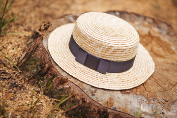 Fototapeta na wymiar Boater straw hat on stump - accessories in summer, french style fashion