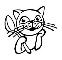 Happy cat with spoon in his paw licks himself, black and white icon