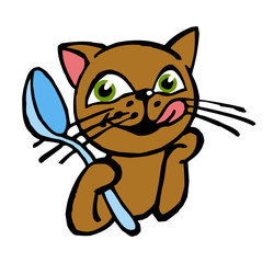Happy cat with spoon in his paw licks himself, color icon