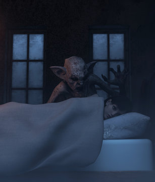 Night hag,Folklore story,Teenage girl with sleeping paralysis,girl being visit or immobilizes by a demonic,3d rendering