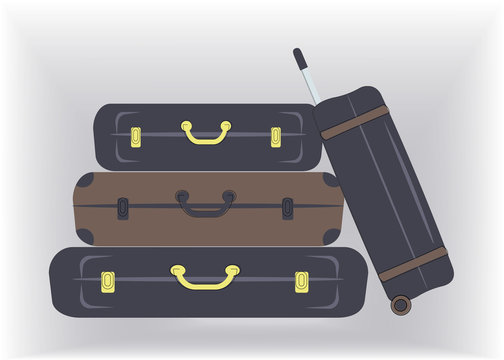 Travel stylish suitcases,boxes in brown and navy colours,are ready for vacation to the seaside or country or for business trip.Isolated on light grey background. Vector illustration
