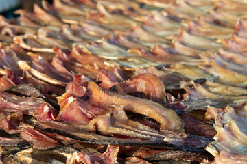Fresh fish drying morning sun in thailand.