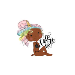 African American Unicorn Girl In A Black Bathing Suit Isolated On A White Background Hand Drawn Illustration