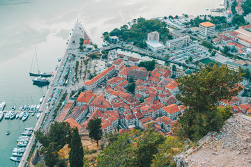 aerial view of kotor town on sunset
