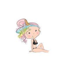 Unicorn Girl In A Black Bathing Suit Isolated On A White Background Hand Drawn Illustration
