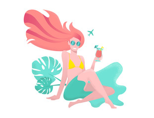 Girl with flowing red hair sits on sand with legs crossed and drinks tropical cocktail against backdrop of the palm leaves of Monsterra.Modern flat vector illustration with textures in cartoon style