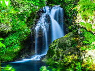 Fototapeta na wymiar Beautiful waterfall in the green natural forest of the Vintgar Gorges Park, in Slovenia, in summer, long exposure