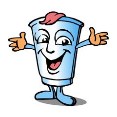 Cup of yogurt with face, makes a big hug, mascot color
