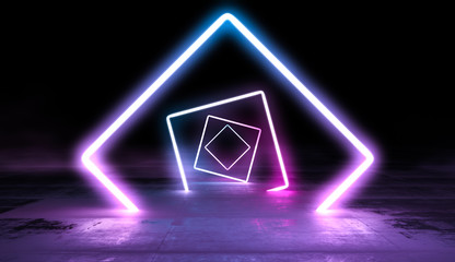 Glowing lines vibrant colors tunnel abstract background. Neon pink blue lights in empty space with smoke. 3d render.