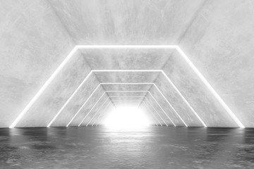 Futuristic tunnel with light. Abstract corridor interior design. 3D rendering.