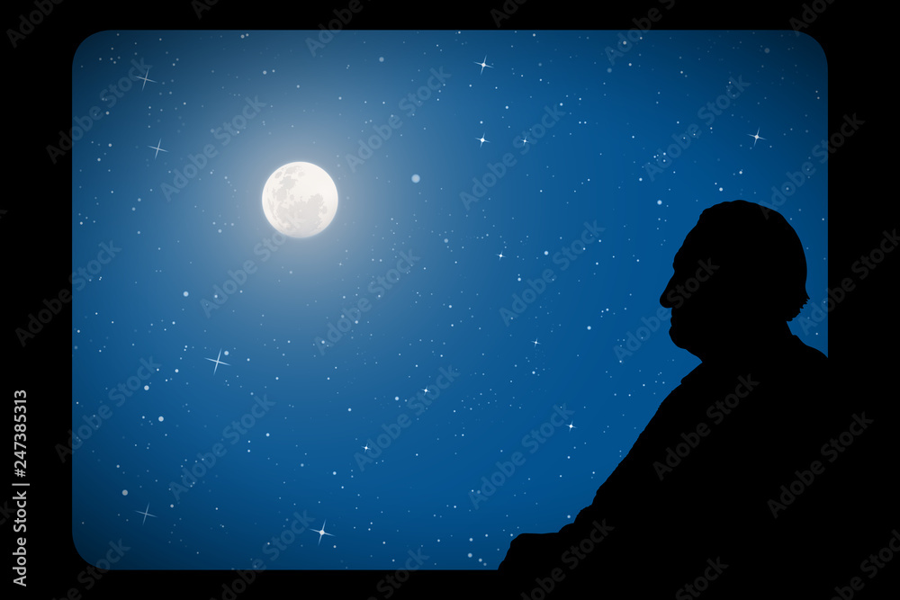 Sticker old man looks out window on moonlit night. vector illustration with silhouette of passenger on train