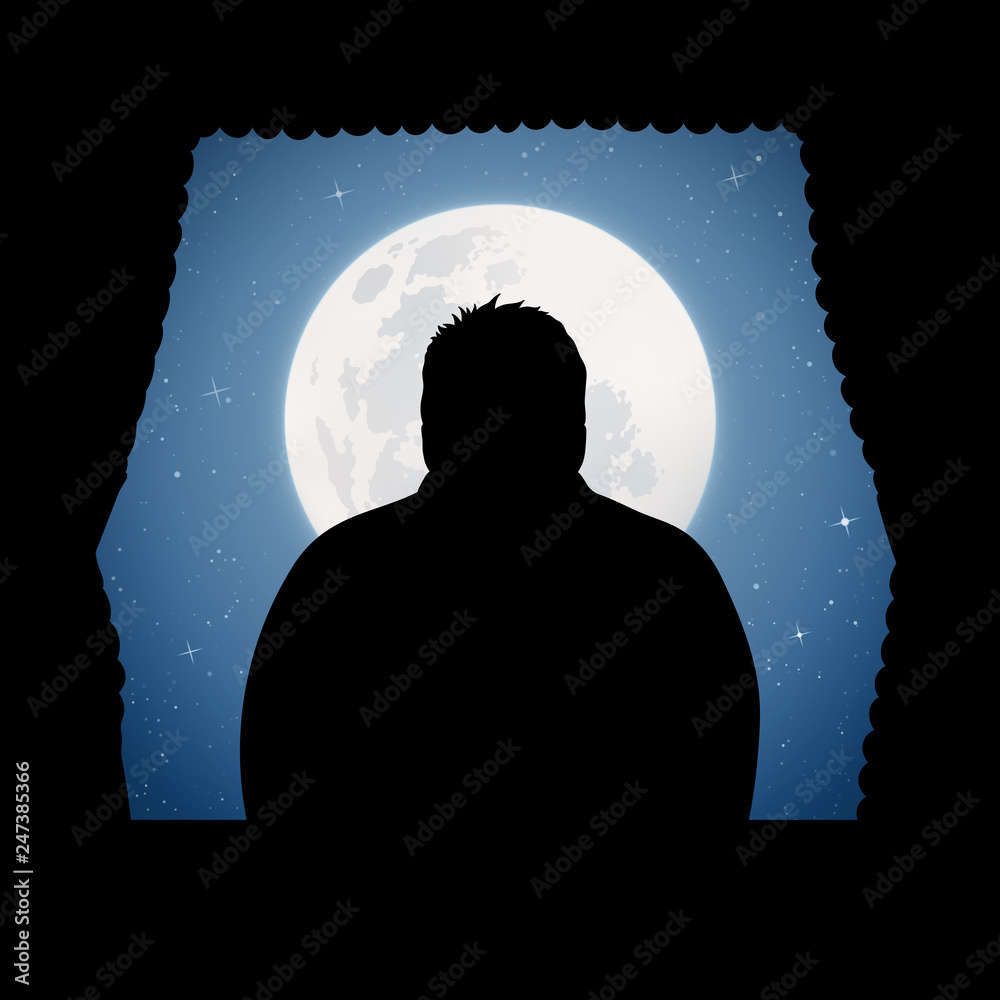 Sticker man looks out window on moonlit night. vector illustration with silhouettes of man and wavy curtains