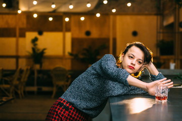 Drunk woman alone refusing to drink alcohol in bar, alcohol abuse and alcoholic housewife concept....