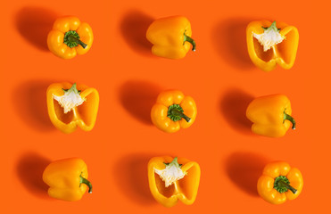 sweet pepper on an orange background, the texture of the peppers, fun prints