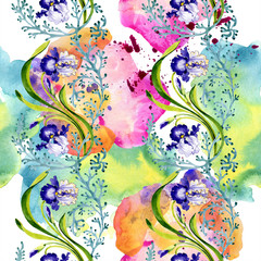 Blue iris floral botanical flower. Watercolor background illustration set. Seamless background pattern.
