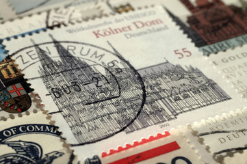 Kiev, Ukraine, February 04, 2019: Postage stamp of Germany. UNESCO World Heritage, shows Cologne Cathedral, Shallow depth of field, circa 2003