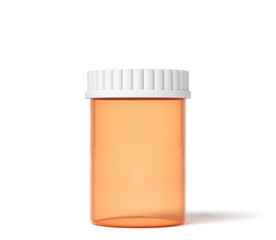 3d rendering of orange transparent plastic pills jar isolated on white background