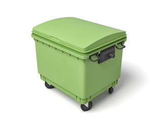 3d rendering of green trash bin isolated on white background