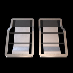 Showcase Displays Retail Shelves Stand. Trade show booth. 3d render illustration on black background. Template mockup for your design.