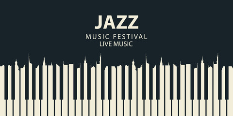Vector banner or poster for a jazz festival of live music with piano keys in retro style on black background. White keys in the form of silhouettes of roofs of old houses © paseven