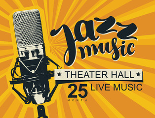 Vector music poster or banner with calligraphic inscription Jazz music and realistic microphone on a background with bright rays in retro style