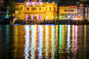 Night city of Udaipur, Lake Pichola, India, April 2016