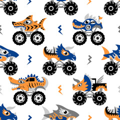 Scary animal monster trucks seamless vector pattern on white background.   © MirabellePrint