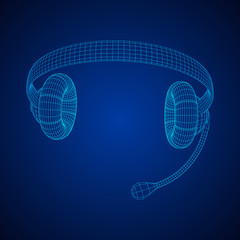 Headphone or headset for support from lines point connecting network. Abstract model wireframe low poly mesh vector illustration