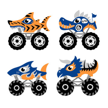 Scary Animal Monster Truck Vector Set On White Background.  