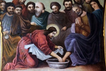 Fototapety  Jesus washes the feet of Peter, fresco in the church of Saint Matthew in Stitar, Croatia 