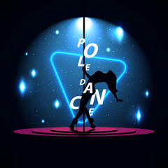 Pole Dance. Silhouette of a girl. Neon triangle. A directional beam of light from the searchlight is shining. Erotic dancing. Vector illustration