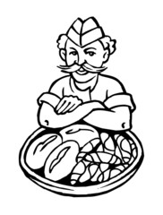 Baker with big mustache and cap with a bowl of rolls and bread