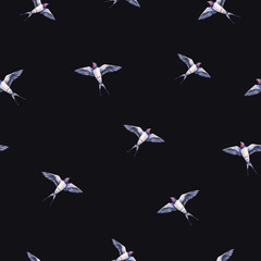 Beautiful swallow on a black background. Watercolor illustration. Spring bird brings love. Handwork. Seamless pattern