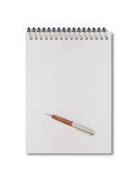 Empty notepad (sketch book) with pen isolated on white background