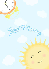 Vector illustration with smiling sun, alarm clock and text Good Morning on blue background with white clouds. Typography motivation card, template for poster, decoration design, web banner, flyer.