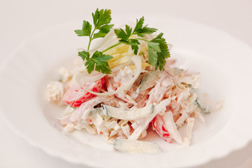 European international fusion cuisine, a beautiful dish on a white plate decorated with herbs and vegetables. a professional chef has prepared a delicious meal.