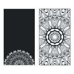 Balck, white two flyer pages ornament illustration concept. Art traditional, Islam, Arabic, Indian, magazine, elements with mandala. Vector greeting card or invitation layout design