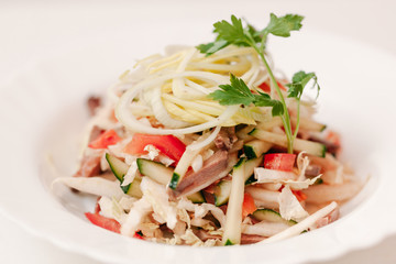 European international fusion cuisine, a beautiful dish on a white plate decorated with herbs and vegetables. a professional chef has prepared a delicious meal.