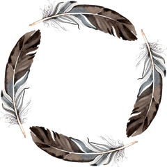 Watercolor blue and black bird feather from wing isolated. Frame border ornament square.