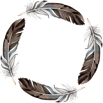 Watercolor blue and black bird feather from wing isolated. Frame border ornament square.