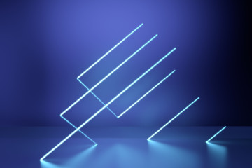 Glowing lines, neon lights, virtual reality, abstract background, square portal, arch, blue spectrum vibrant colors, laser show. 3d rendering.