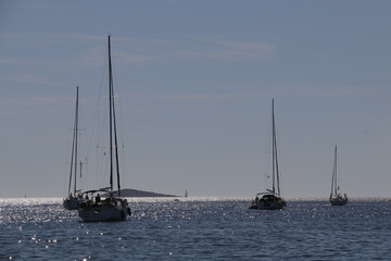 Fototapeta na wymiar Sailboats, yachts on the Adriatic Sea. Beautiful weather. Sunny, hot, summer day on the Croatian coast. Primosten, Croatia. Rocky shore, mediterranean vegetation, riviera, seashore